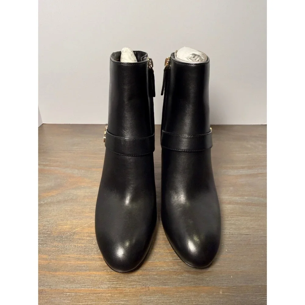 Kate‎ Spade Dakota Leather Zip-Up Booties Block Heel Logo Strap Black 8.5 New
